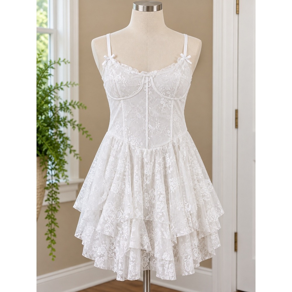 BNGD White Floral Lace Corset Nightgown Lace Back High Low Ruffle Tiered Large